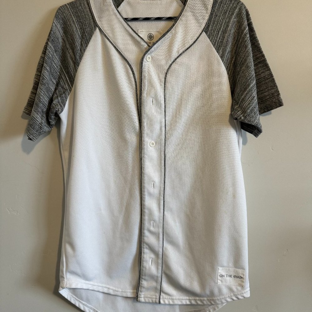 On the Byas softball jersey style tee